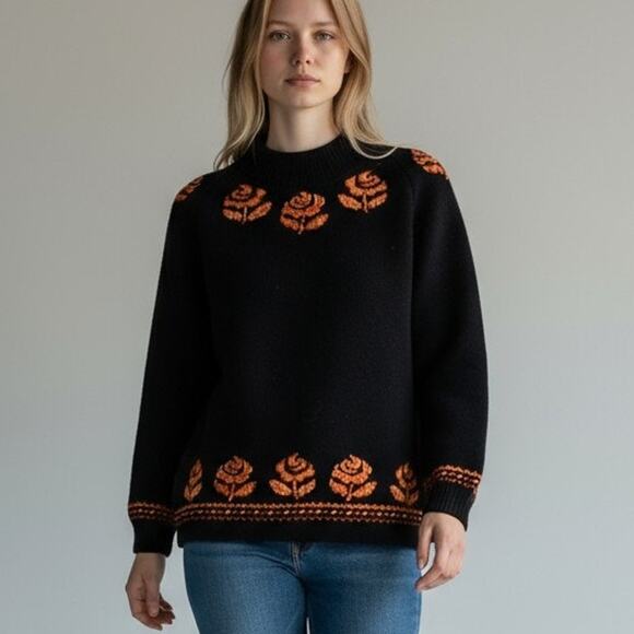 Vintage Cift Geyik Wool Sweater Size Small 100% Virgin Wool Black and Orange - Picture 1 of 8